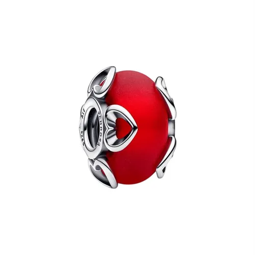 Hạt Vòng Charm Pandora Frosted Red Murano Glass & Hearts Charm 792497C01 Màu Đỏ Bạc