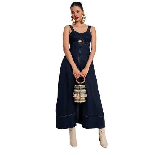 Váy Hai Dây Nữ F2 Fashion & Freedom Linen Golden Girl D766-XD-S-0923 Màu Xanh Đen Size S