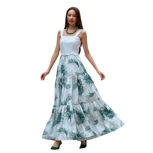 Váy Xòe Nữ F2 Fashion & Freedom White Linen Dress With Leaf Pattern Into The Wood D801-TLC-S-0524 Màu Trắng Xanh Size S