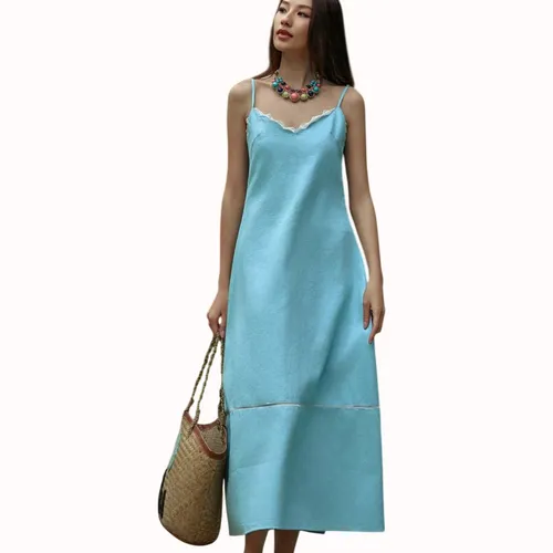 Váy Liền Nữ F2 Fashion & Freedom Into The Wood Blue Linen Dress D802-GREEN-S-0524 Màu Xanh Blue Size S