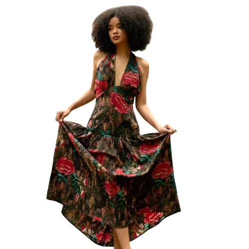Váy Xòe Nữ F2 Fashion & Freedom Into The Wood Brown Linen Dress With Red Floral Print D804-NHD-M-0624 Màu Nâu Đỏ Size M
