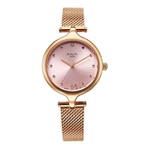 Đồng Hồ Nữ Titan Women's Raga Watch Stainless Steel Strap Pink Dial 95268WM01 Màu Vàng Hồng