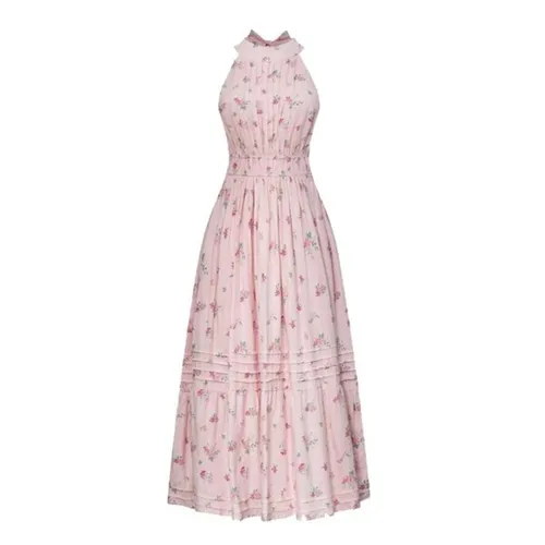 Váy Maxi Nữ F2 Fashion & Freedom Pink Floral Halter Neck Linen Dress D823-HH-S-0724 Màu Hồng Pastel Size S