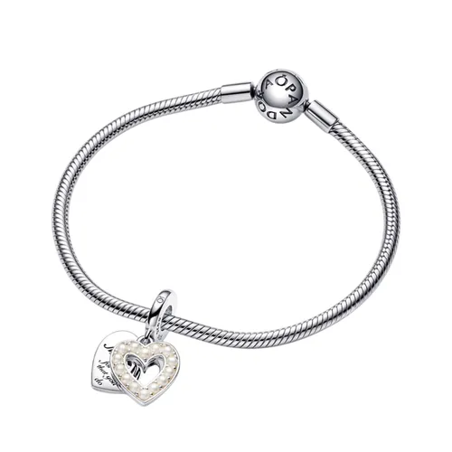 Set Vòng Đeo Tay + Hạt Vòng Charm Pandora Pearlescent White Heart Double Charm 590728 + 792649C01 Màu Bạc