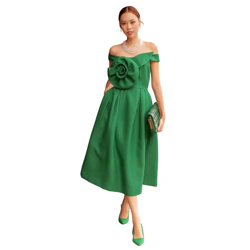 Váy Xòe Nữ F2 Fashion & Freedom Blue Brocade Dress With Floral Embellishments D688-XLKH-S-1221 Màu Xanh Lá Size S