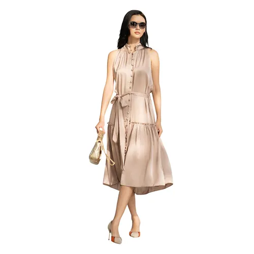 Váy Midi Cổ Yếm F2 Fashion & Freedom Lụa D416-B-S-0822 Màu Be Nâu Size S