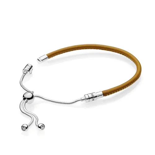 Vòng Đeo Tay Pandora Tan Leather Sliding Bolo Bracelet 597225CGT Màu Bạc/Nâu