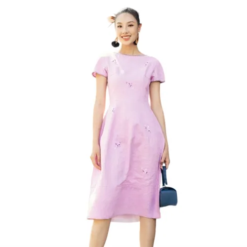 Váy Liền Nữ F2 Fashion & Freedom Purple Linen Dress With Embroidery Become Unveil Colors Of Freedom D521-TIM-T-S-0323 Màu Tím Size S