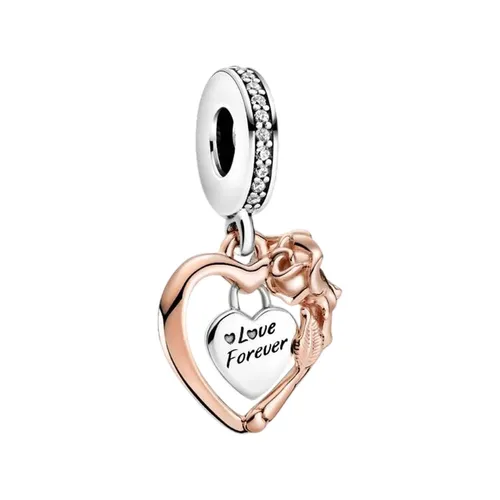 Hạt Vòng Charm Nữ Pandora Heart & Rose Flower Dangle Sterling Silver 14k Rose Gold Plating 789290C01 Màu Bạc/ Vàng Hồng