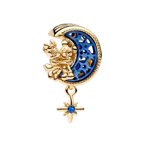 Hạt Vòng Charm Pandora x Disney Mickey Mouse & Minnie Mouse Crescent Moon 762956C01 Màu Vàng Phối Xanh