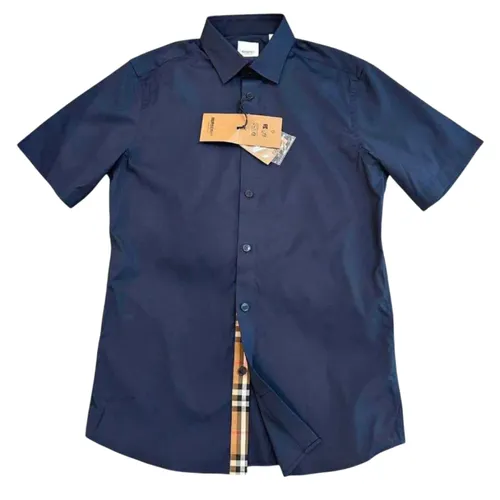 Áo Sơ Mi Cộc Tay Nam Burberry Men's Navy Short Sleeve Shirt Màu Xanh Navy Size XS