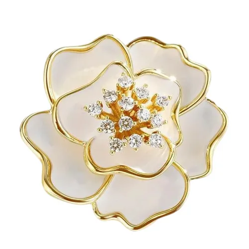 Cài Áo Nữ Meri Camellia Serenade BR63 Màu Trắng Vàng