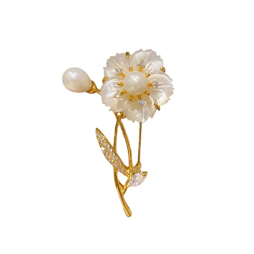 Cài Áo Nữ Meri Pearl Floral Sprig BR112 Màu Trắng Vàng