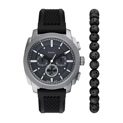 Set Đồng Hồ + Vòng Đeo Tay Nam Fossil Machine 44mm Chronograph Black Silicone Watch And Bracelet Set FS6145SET Màu Đen