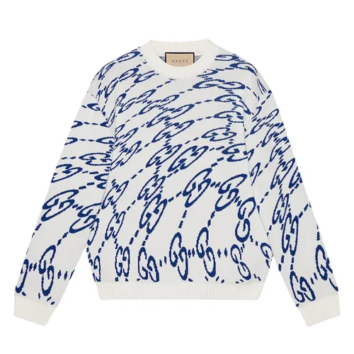 Áo Len Nam Gucci Wavy GG Cotton Sweater 780637 XKDZF 9071 Màu Trắng/Xanh Size S