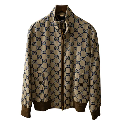Áo Khoác Nam Gucci Mono Pattern Jacket With Blue Lettering 774128 Z8BEB 2461 Màu Be Xanh Size 48