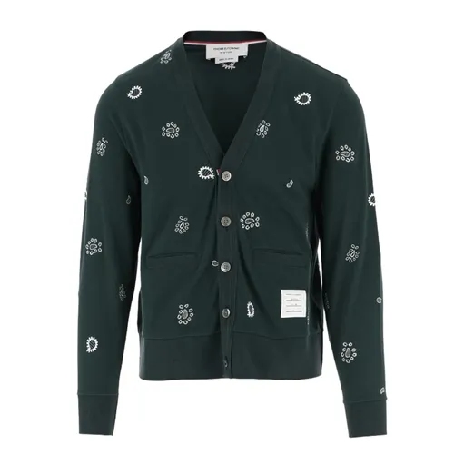 Áo Cardigan Nam Thom Browne Classic Piqué All-Over Paisley Embroidery V-Neck MJT402E J0089 Màu Xanh Lá Size 1