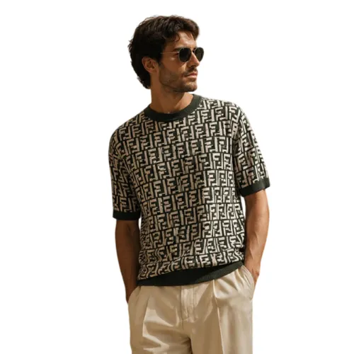 Áo Len Nam Fendi FF Logo Wool Short Sleeve FZX051 AF85 F1MTQ Màu Xanh Green Size 44