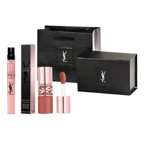 Set Son + Nước Hoa Yves Saint Laurent 3 Món (Son YSL 520 Cinnamon Kiss Màu Đỏ Cam + Nước hoa YSL Black Opium 10ml + Hộp quà)