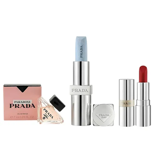Set Son + Nước Hoa Prada 3 Món (Son Prada Lip Balm U001 Fullsize + Son Monochrome Hyper Matte Lip R28 Fuoco Mini + Paradoxe&nbsp;EDP&nbsp;Mini 7ml)