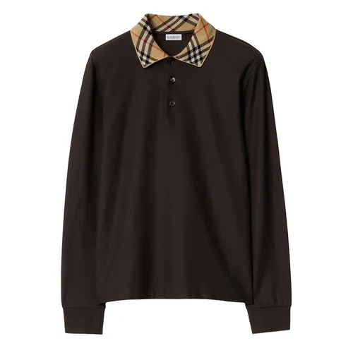 Áo Polo Dài Tay Nam Burberry Cotton Shirt With Checkered Collar Màu Nâu Đen&nbsp;Size S