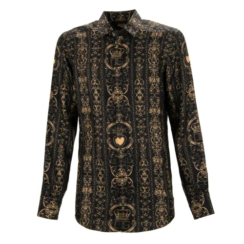 Áo Sơ Mi Nam Dolce & Gabbana D&G Logo Crown Heart Print Silk Shirt Martini Gold Black G5GZ1T HS18W HNMTG Màu Đen Size 39
