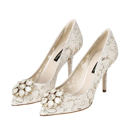 Giày Cao Gót Nữ Dolce & Gabbana D&G Pump In Taormina Lace With Crystals Màu Trắng Size 36.5