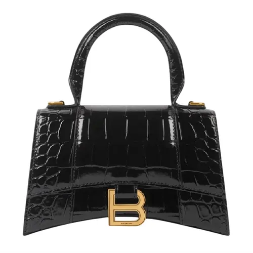 Túi Xách Tay Nữ Balenciaga Hourglass Handbag Crocodile Embossed Black Màu Đen