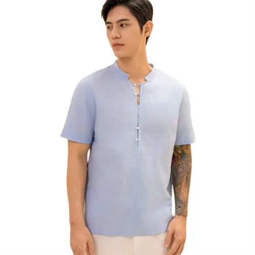 Áo Sơ Mi Nam F2 Fashion & Freedom Men's Pastel Blue Short-Sleeve Linen Shirt SMMN032-XPT-S-0824 Màu Xanh Pastel Size S