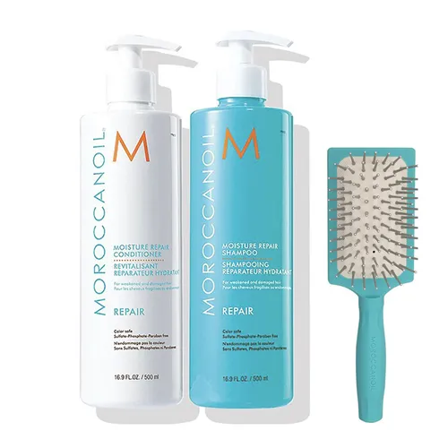 Combo Dầu Gội Và Xả Phục Hồi Dưỡng Ẩm Tóc Moroccanoil Moisture Repair (2 x 500ml) + Lược Mini Paddle Brush