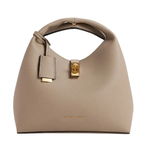 Túi Xách Tay Nữ Charles & Keith CNK Chance Turn-Lock Bucket Bag CK2-10701618 Taupe Màu Nâu Xám