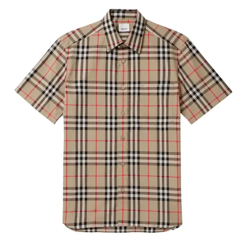 Áo Sơ Mi Cộc Tay Nam Burberry Checked Cotton-Poplin Shirt Màu Be Kẻ Size XS
