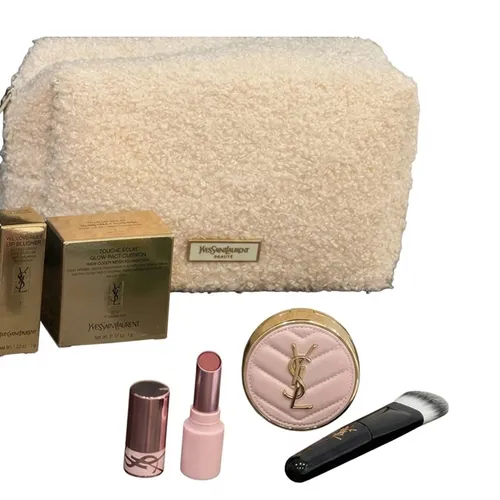 Set Yves Saint Laurent YSL 4 Món Mini (Son Dưỡng Lovenude Lip Blusher Màu 1 Undressed Pink Hồng Tím Nude + Cọ Nền + Cushion Hồng + Túi)