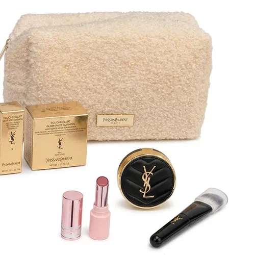 Set Yves Saint Laurent YSL 4 Món Mini (Son Dưỡng Lovenude Lip Blusher Màu 1 Undressed Pink Hồng Tím Nude + Cọ Nền + Cushion Đen + Túi)
