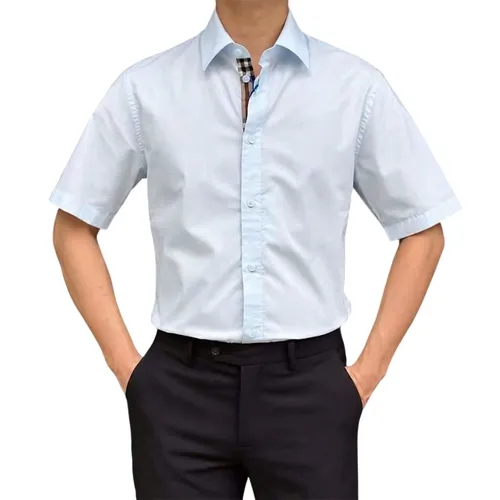 Áo Sơ Mi Cộc Tay Nam Burberry Stretch Cotton Shirt In Blue Màu Xanh Nhạt Size XS (New)