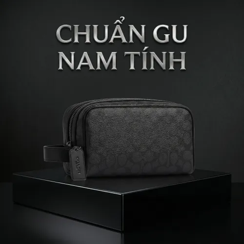 Túi Cầm Tay Nam Coach Small Travel Kit In Signature Canvas CAR15 Màu Đen Xám