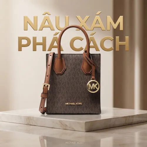 Túi Xách Tay Michael Kors MK Mercer Extra-Small Logo and Leather Crossbody Bag Màu Nâu Xám