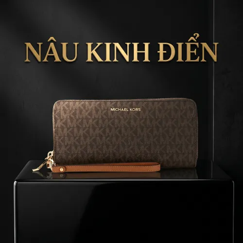 Ví Michael Kors MK Brown Signature Logo Print Canvas Continental Travel Wallet Màu Nâu