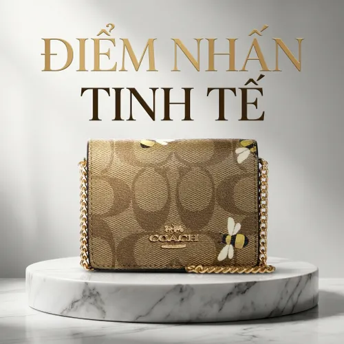 Ví Nữ Coach Mini Wallet On A Chain In Signature Canvas With Bee Print Màu Gold Khaki