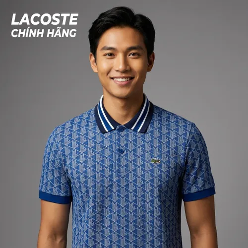 Áo Polo Nam Lacoste Men's Classic Fit Contrast Collar Monogram DH1417 51 QIE Màu Xanh Navy/Trắng Size 4