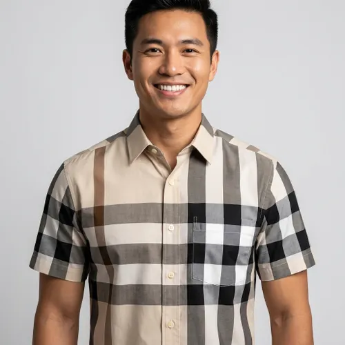 Áo Sơ Mi Cộc Tay Nam Burberry SS Claverdon Modern Beige Phối Màu Size M