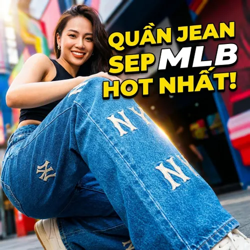 Quần Jean Nữ MLB denim logo Mega New York Yankees 3FDPB0131-50INS Màu Xanh Size XS