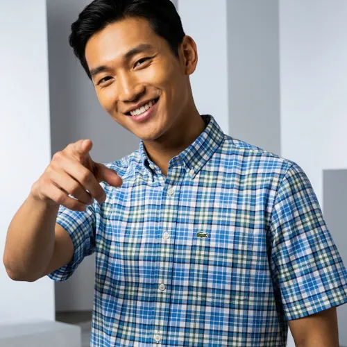Áo Sơ Mi Cộc Tay Nam Lacoste Regular Fit Short Sleeve Check CH1910 FYF Màu Kẻ Xanh Trắng Size 40