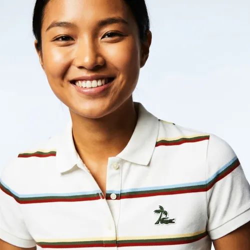 Áo Polo Lacoste Ecru À Rayures Femme PF3920 51 70V Trắng Phối Màu Size 32