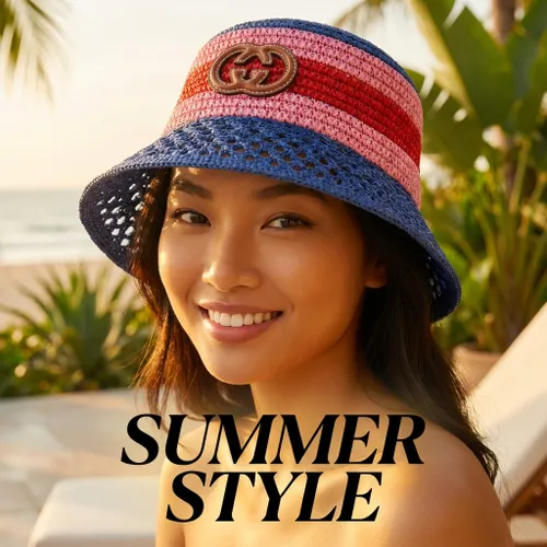 Mũ Gucci Bucket Raffia-Effect Hat 750690- 3HATL- 4064 Màu Hồng Xanh Size S