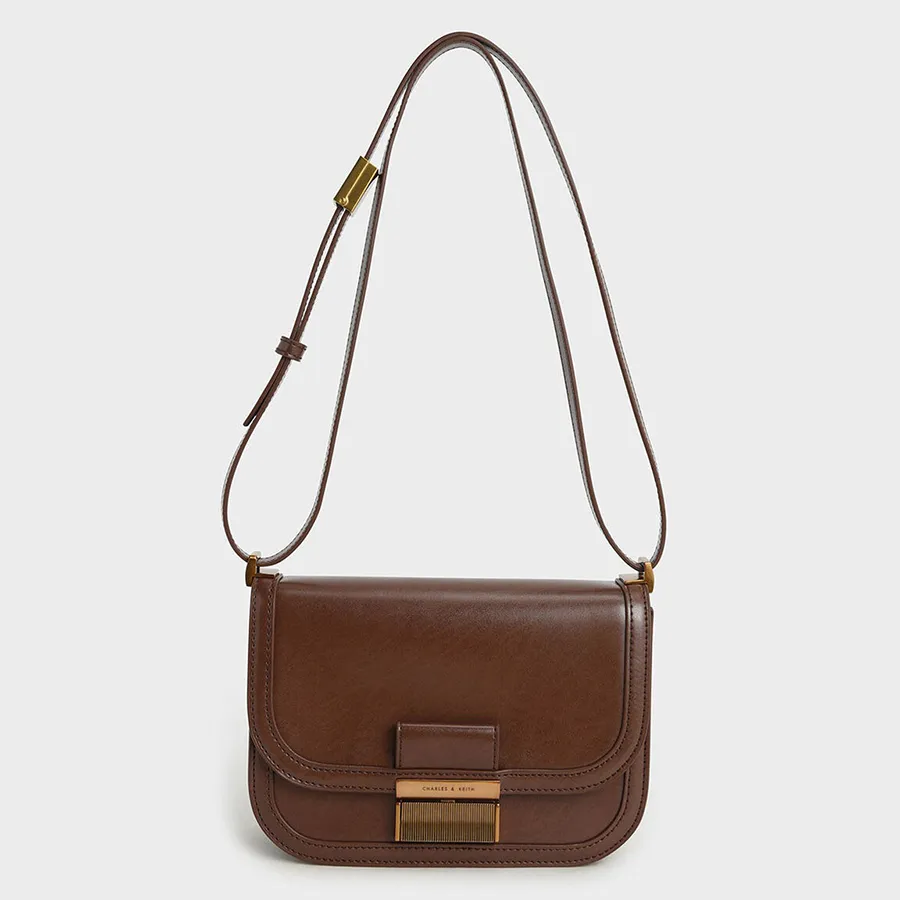 Túi Đeo Chéo Nữ Charles & Keith CNK Metallic Push-Lock Crossbody Bag 80781400 Màu Nâu