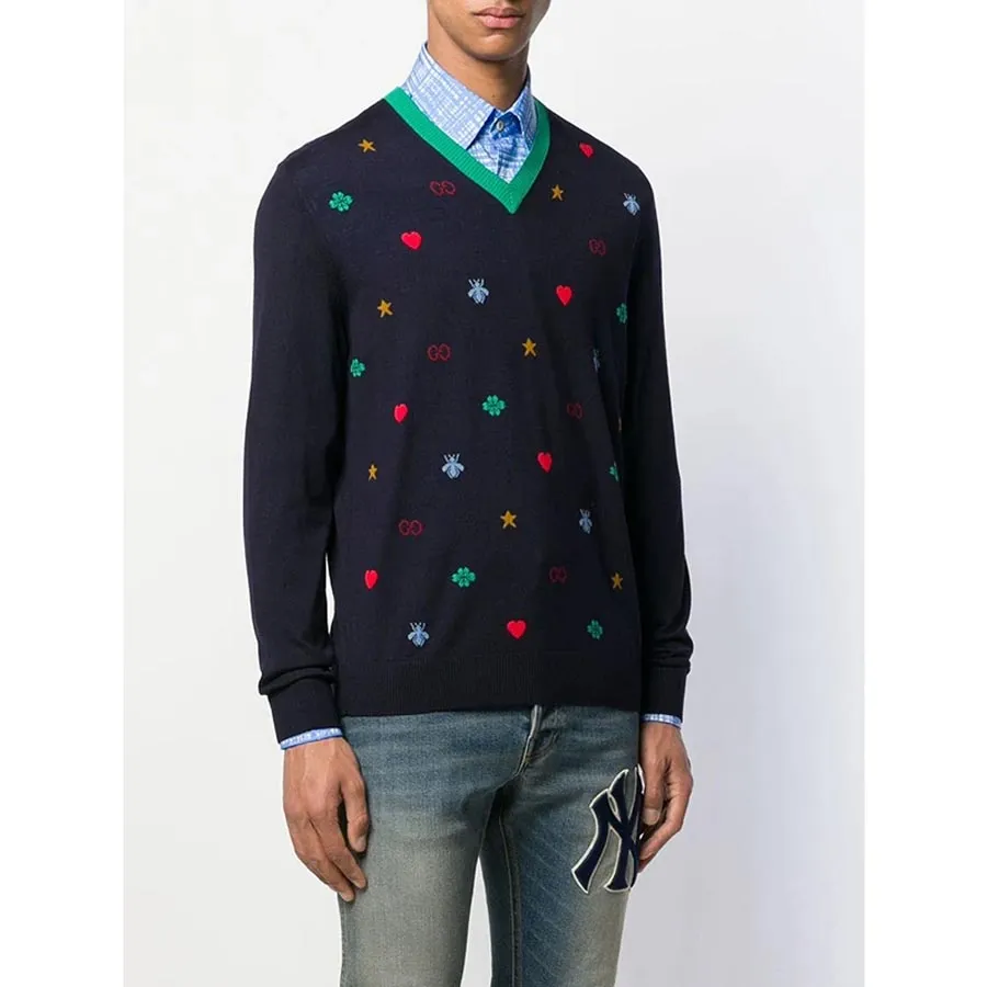 Mua Áo Len Gucci Navy Wool GG Symbol Logos Wool Fine Knit V-Neck ...