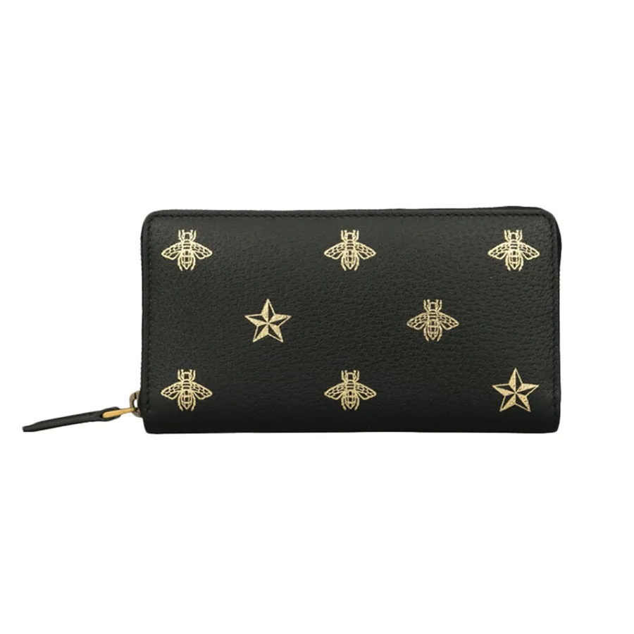 Túi xách - Ví Gucci Black Bee Star Leather Zip Around Wallet Màu Đen - Vua Hàng Hiệu