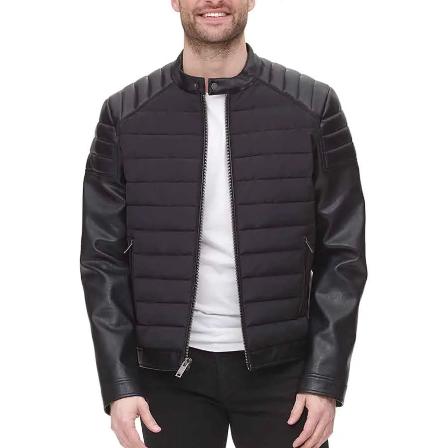 Thời trang DKNY Áo da - Áo Khoác Da Nam DKNY Mixed Media Faux Leather Puffer Motocros Racer Jacket Màu Đen - Vua Hàng Hiệu