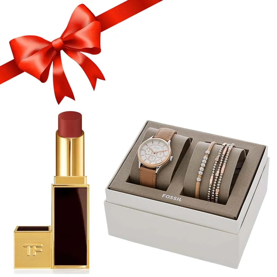 Đồng hồ Bộ sản phẩm - Combo Set Đồng Hồ Và Trang Sức Fossil + Son Tom Ford Lip Color Màu 27 Đỏ Gạch - Vua Hàng Hiệu